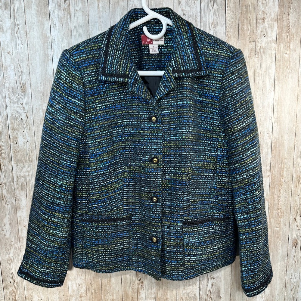 JM Collection By Jennifer Moore Blue Green Black Tweed Jacket Blazer Size 6‎